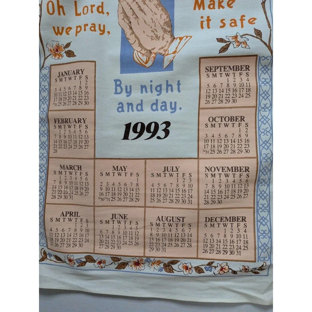 Vintage 1993 Bless This House Calendar Tea Towel Praying Hands Religious Decor